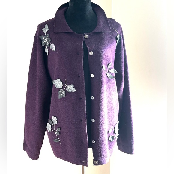 Vintage Coldwater Creek Purple Boiled Wool Appliqué leaves Jacket Coat sz PS - Picture 9 of 13